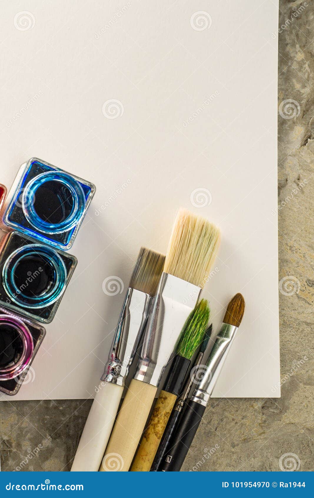 Paint Brushes, Acrylic Paint on a White Paper for Drawing Stock Photo ...