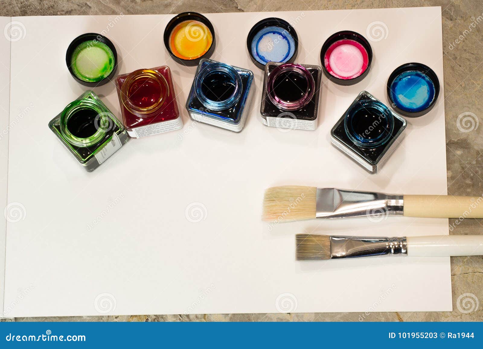 Paint Brushes, Acrylic Paint on a White Paper for Drawing Stock Image ...