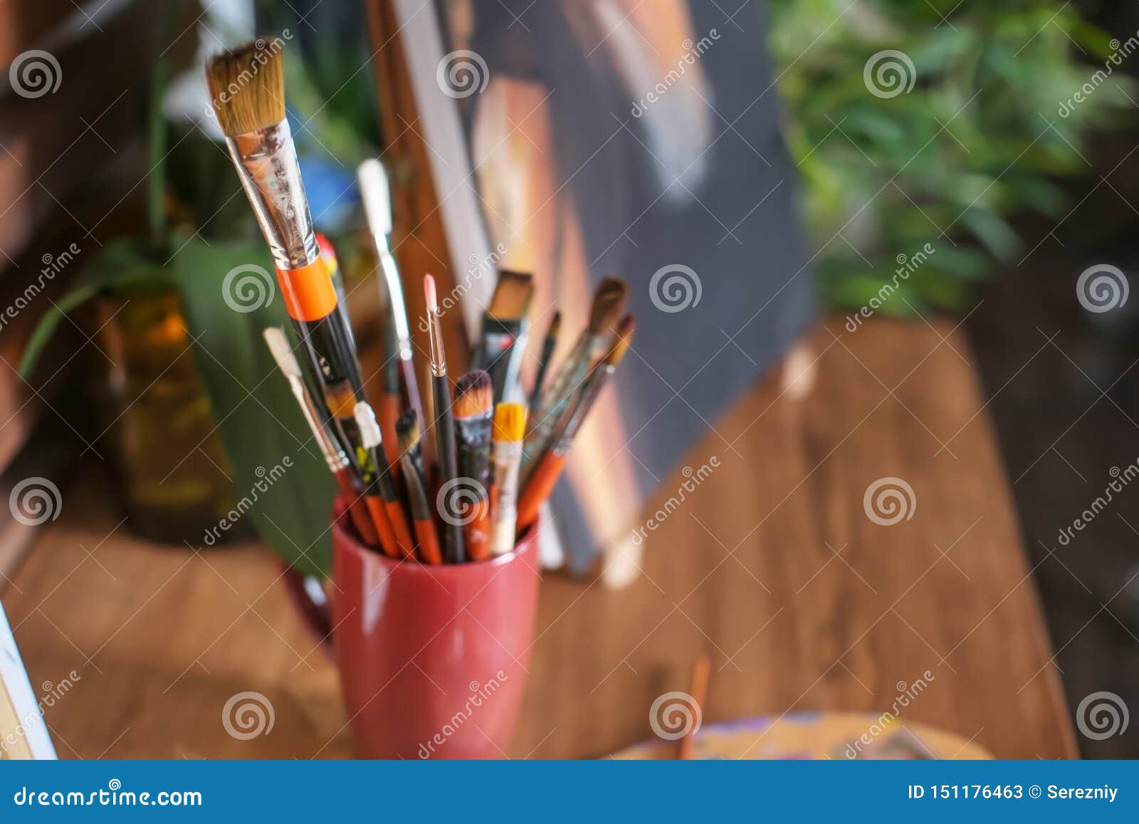 Paint Brushes in Cup on Table Stock Image Image of color, skill