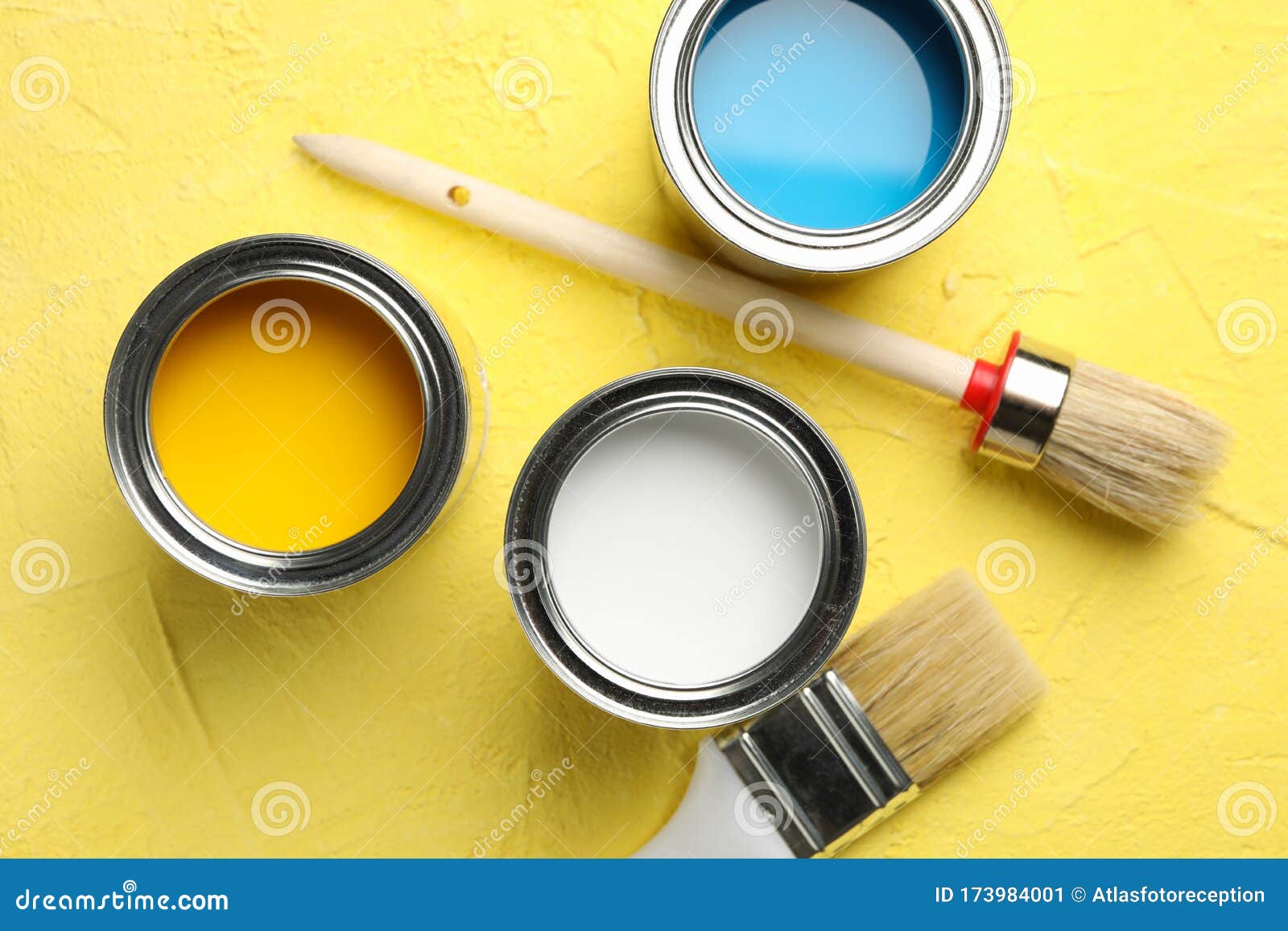 Paint Cans and Brushes on Background, Top View Stock Image - Image of ...