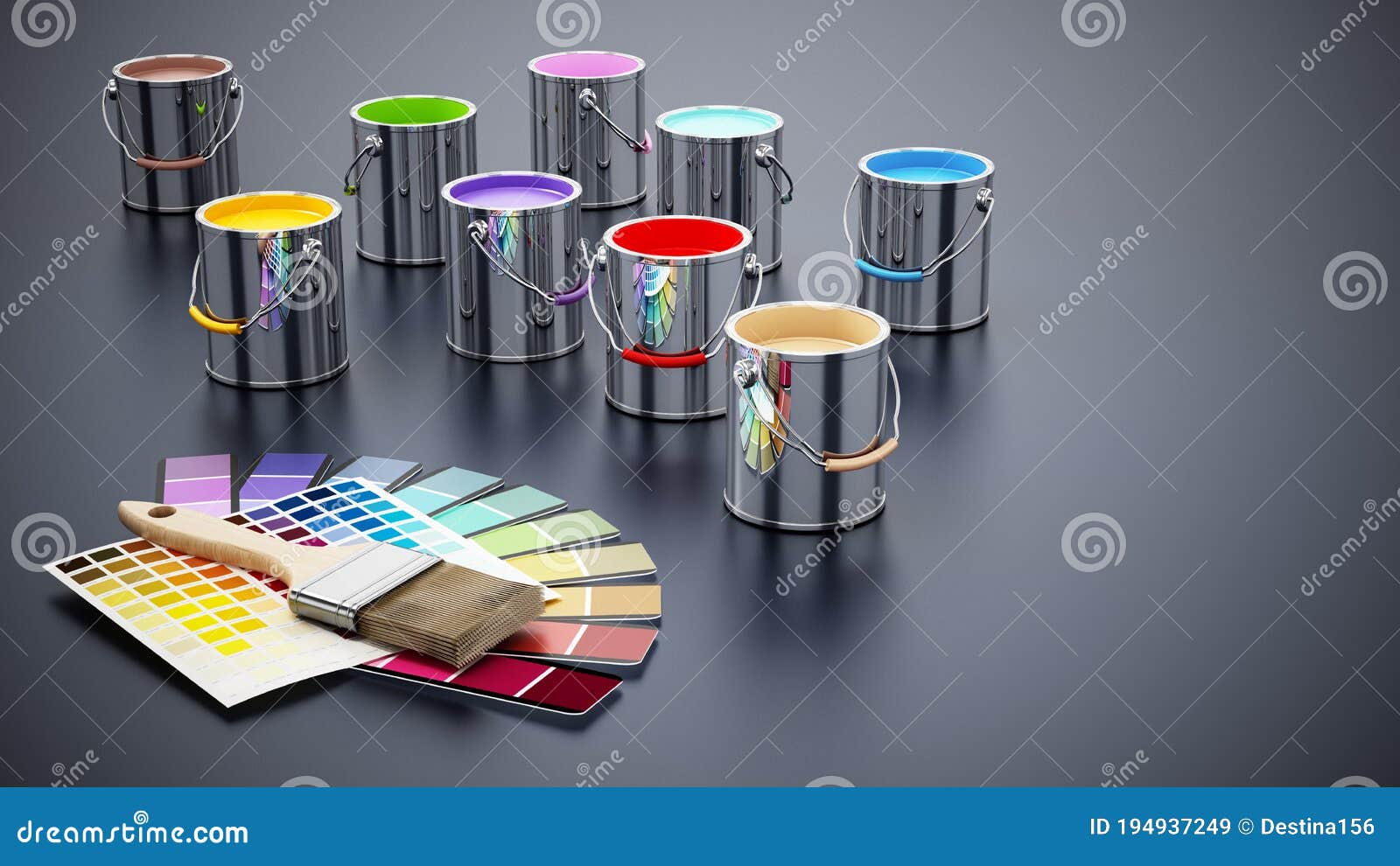 Paint Cans, Color Guides and Paintbrush. 3D Illustration Stock ...