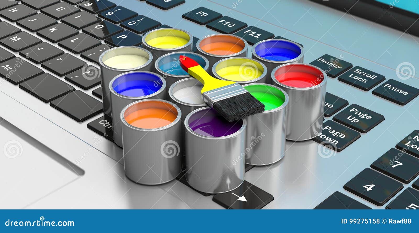 Paint Cans and Paintbrush on a Computer, 3d Illustration Stock