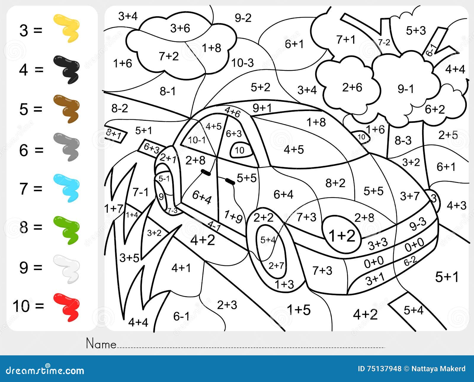 Paint Color By Addition And Subtraction Numbers Stock