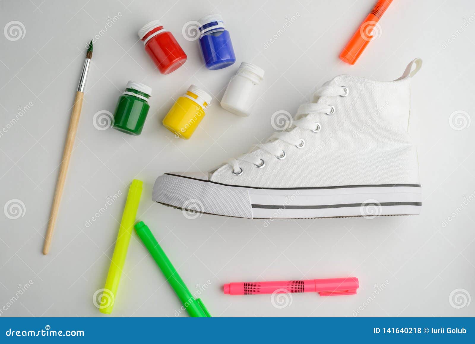 Paint, Markers, Brush and Sneaker Stock Photo - Image of craft