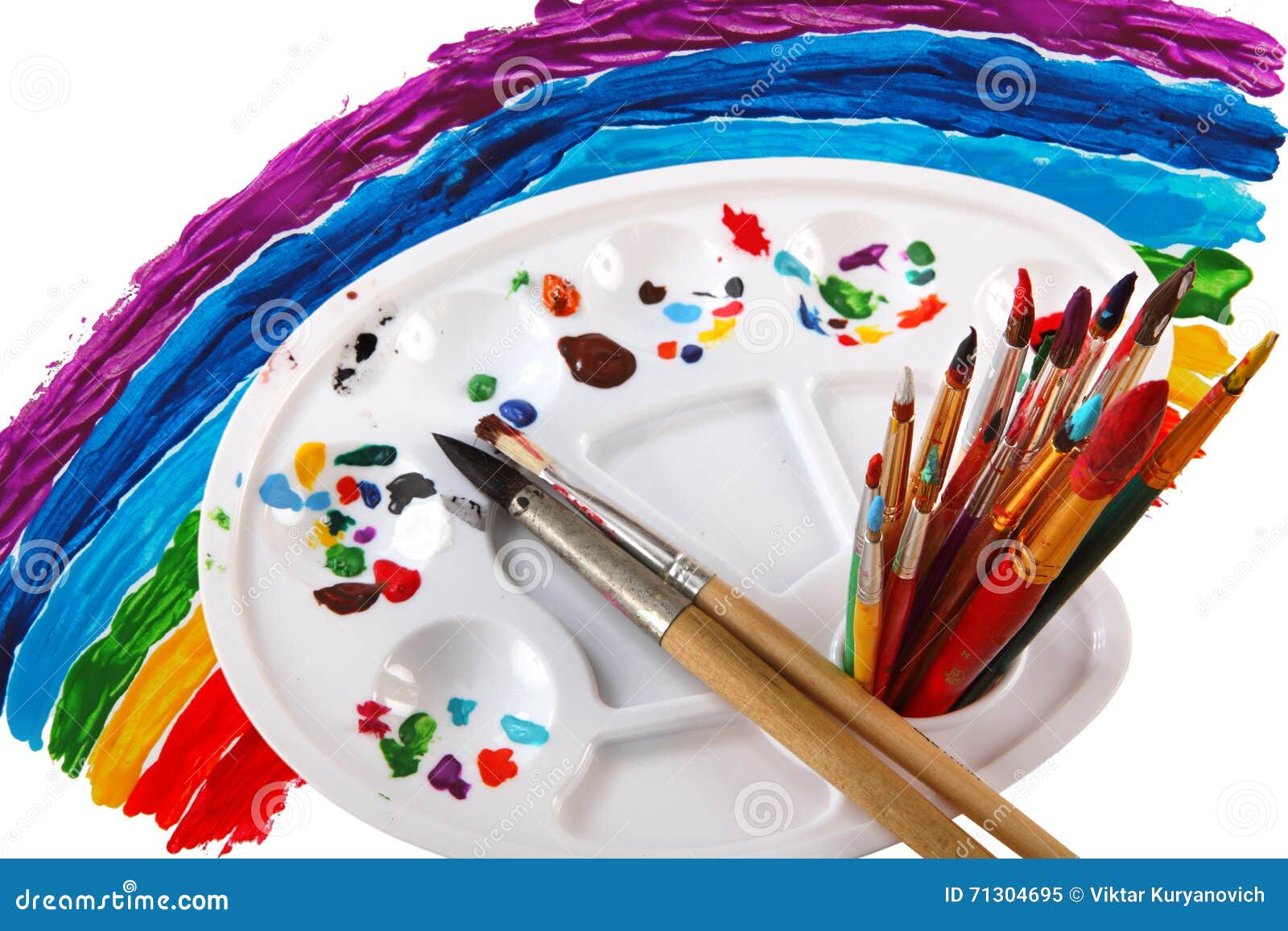 Paint Palette and Brushes on Rainbow Background Stock Image - Image of