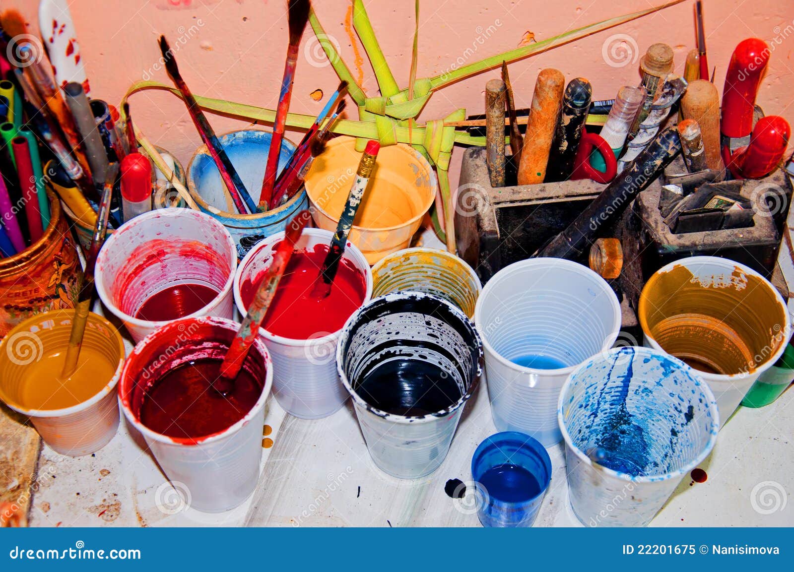 Paint in plastic cups stock image. Image of colorful 22201675