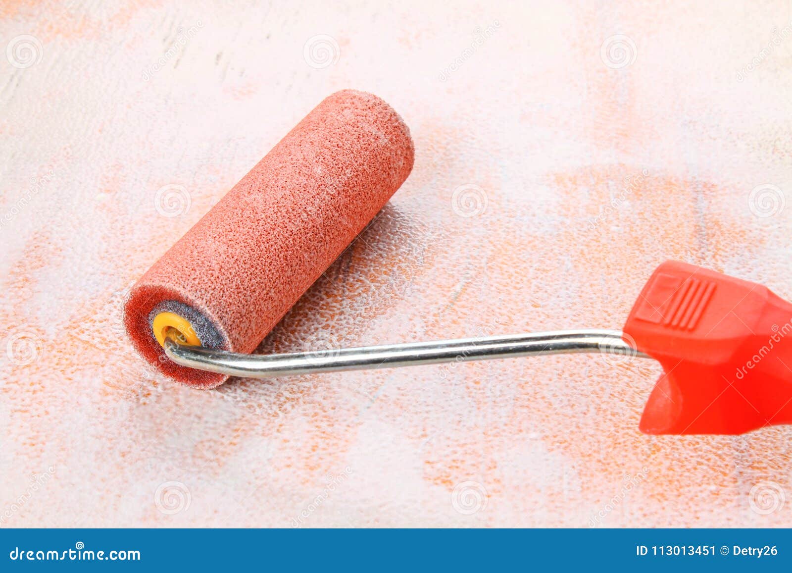 Paint Roll Brush in White Paint on Plywood Surface. Stock Image Image