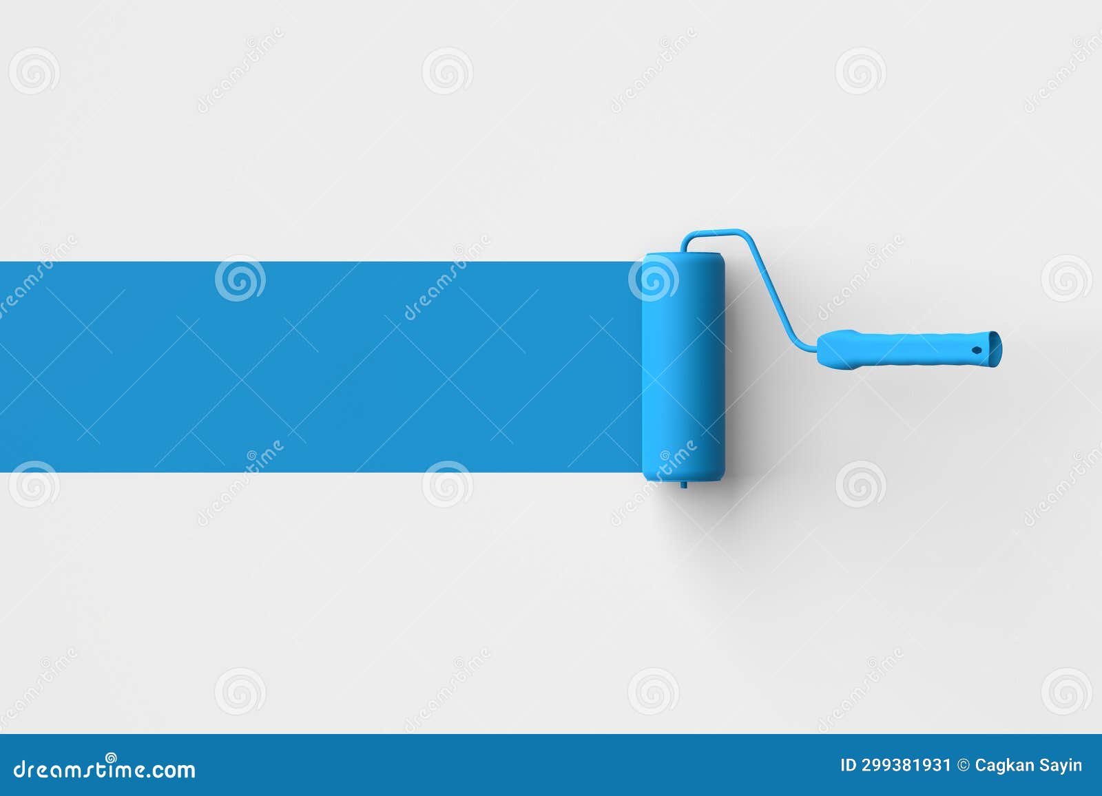 Paint Roller Brush with Blue Color Trail on White Background Stock