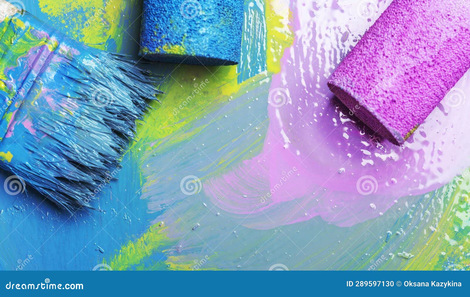 Paint Roller and Brushes with Pink and Blue Paint. Stock Photo Image of color, repaint 289597130