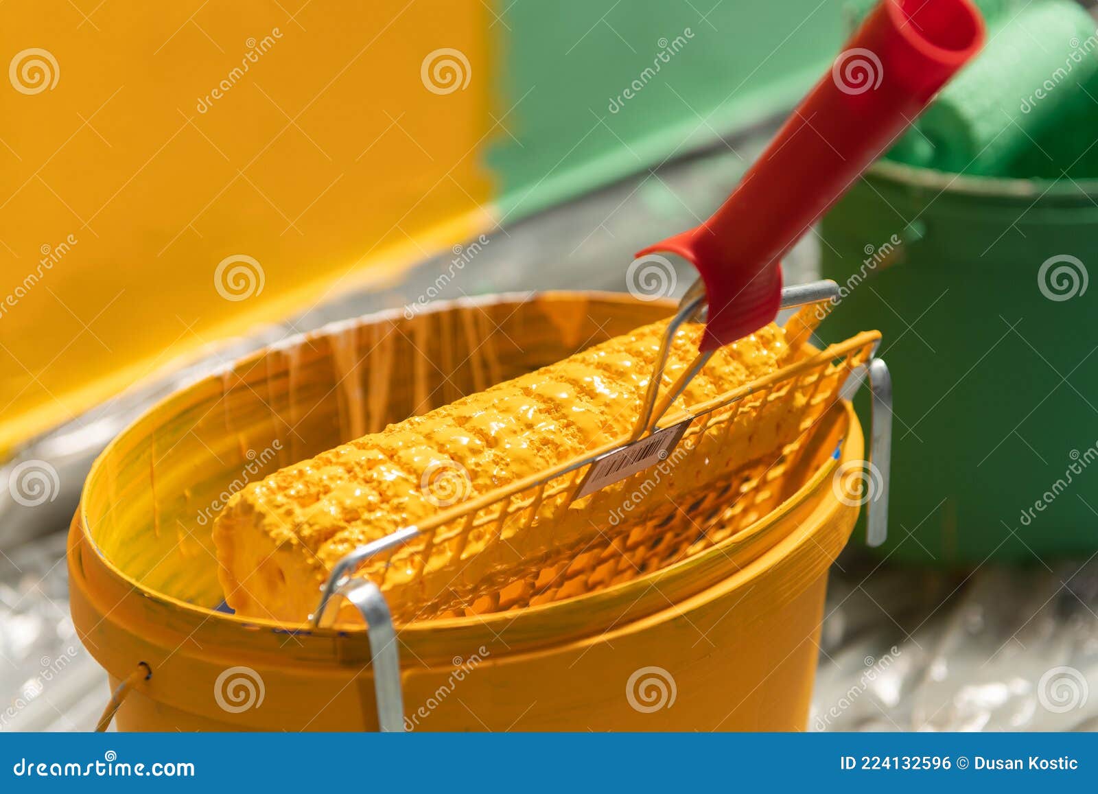 Paint Roller on a Bucket with Paint Stock Photo Image of yellow