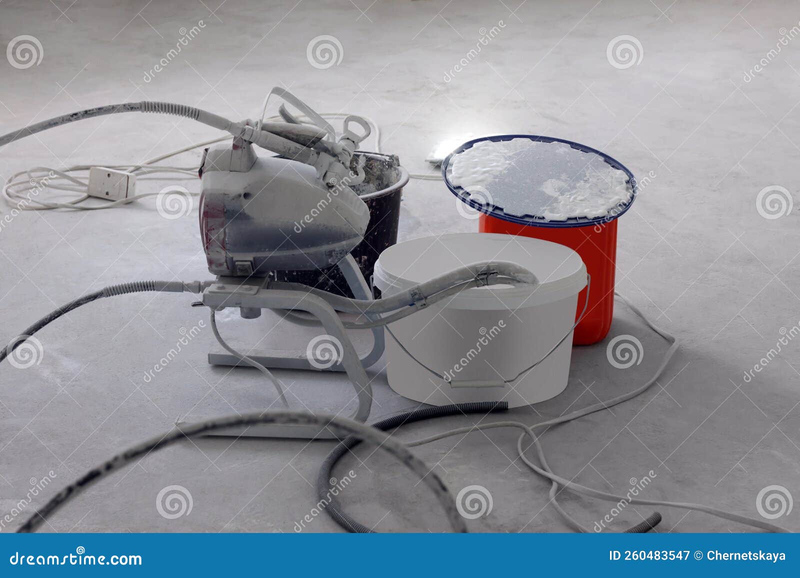Paint Sprayer Near Buckets on White Floor Stock Image Image of build