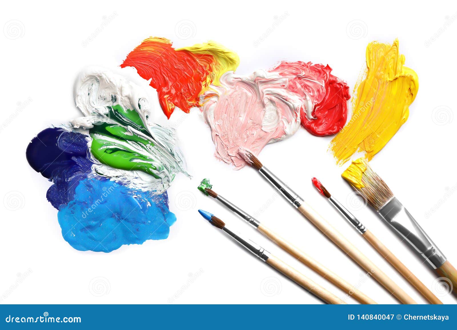 Paint Strokes and Different Brushes on White, Top View Stock Image