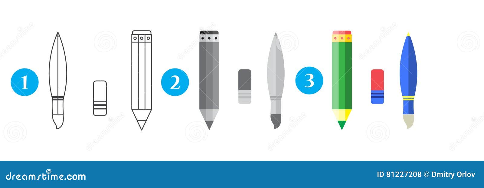 Paint and Writing Tools Collection Pencil,eraser, Brush. Line and