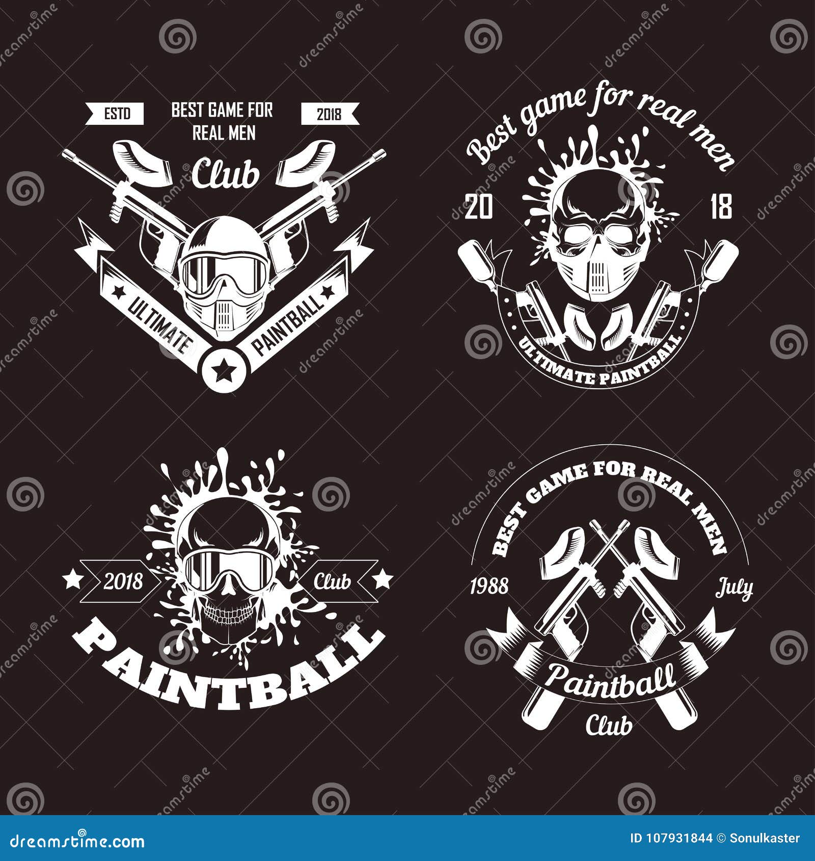 Paintball Game Sport Club Logo Templates of Gamer Shooting Target or Paint Ball Gun Stock Vector