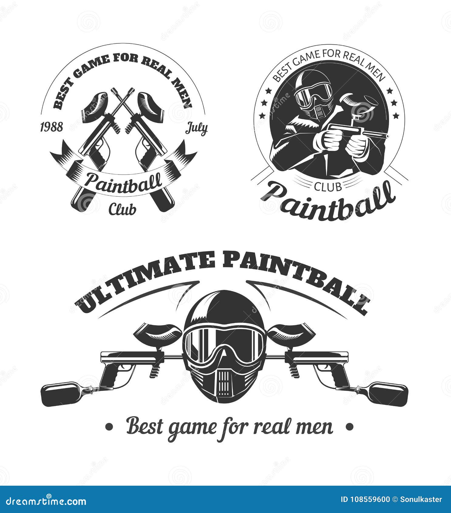 Paintball Game Sport Club Logo Templates of Gamer Shooting Target or Paint Ball Gun Stock Vector
