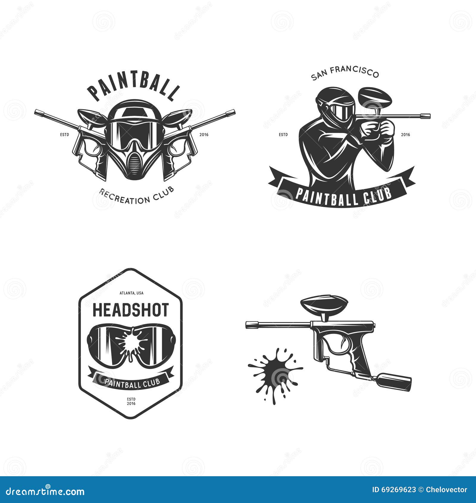 Paintball Related Design Elements Set. Vector Vintage Illustration