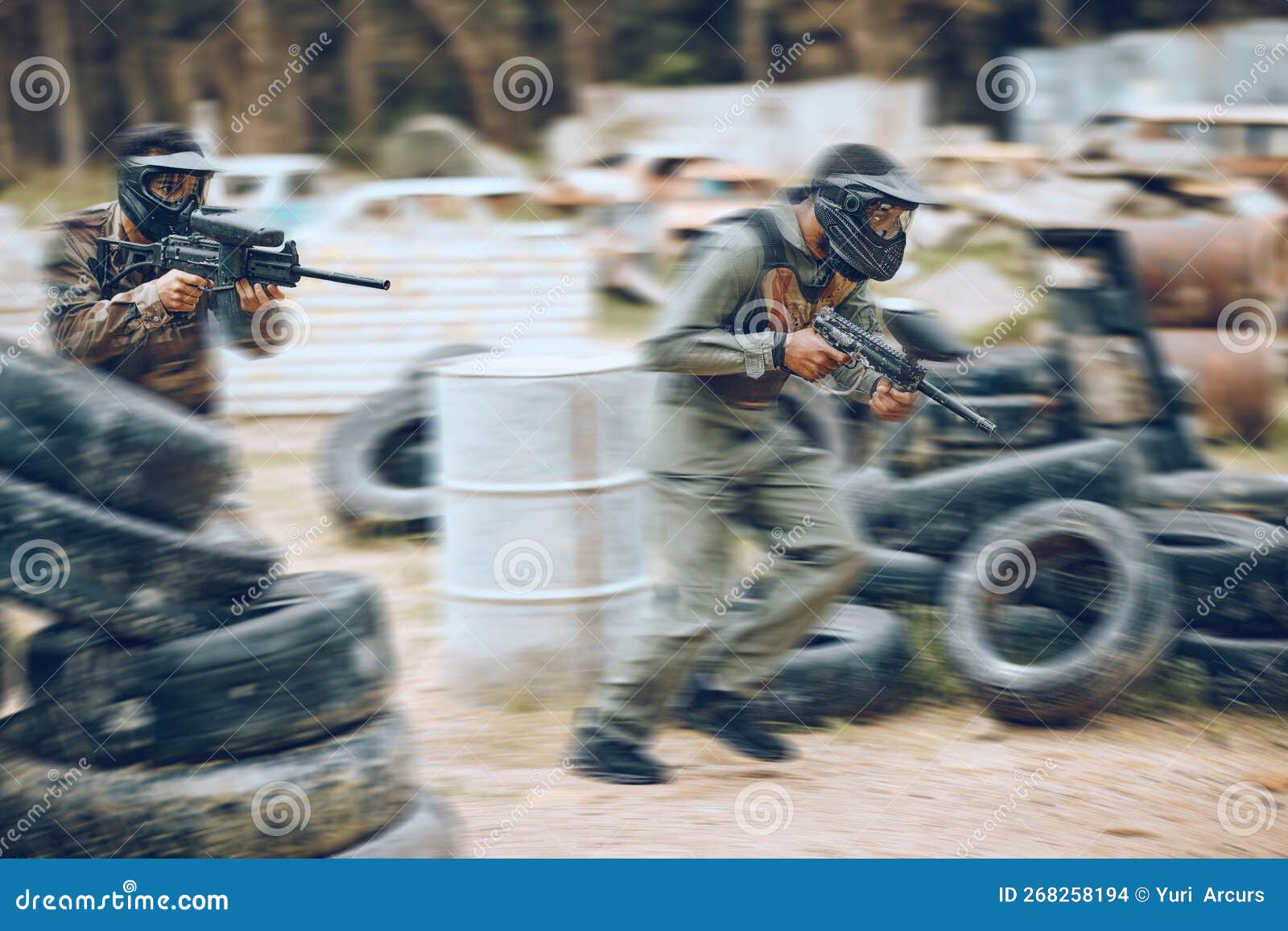 Paintball, Running or Men in a Shooting Game Playing with Speed or Fast Action on a Battlefield