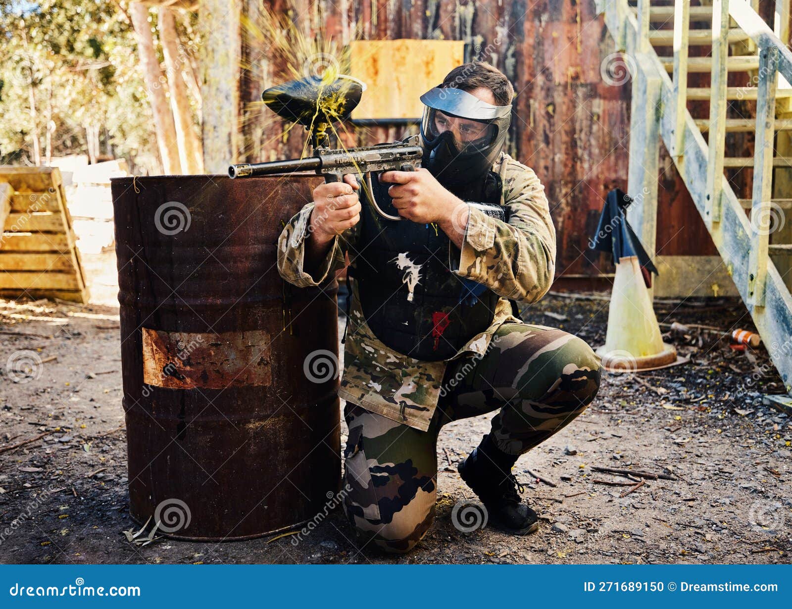 Paintball, Target Training or Male with Gun in Shooting Game Playing with on Fun Battlefield Mission