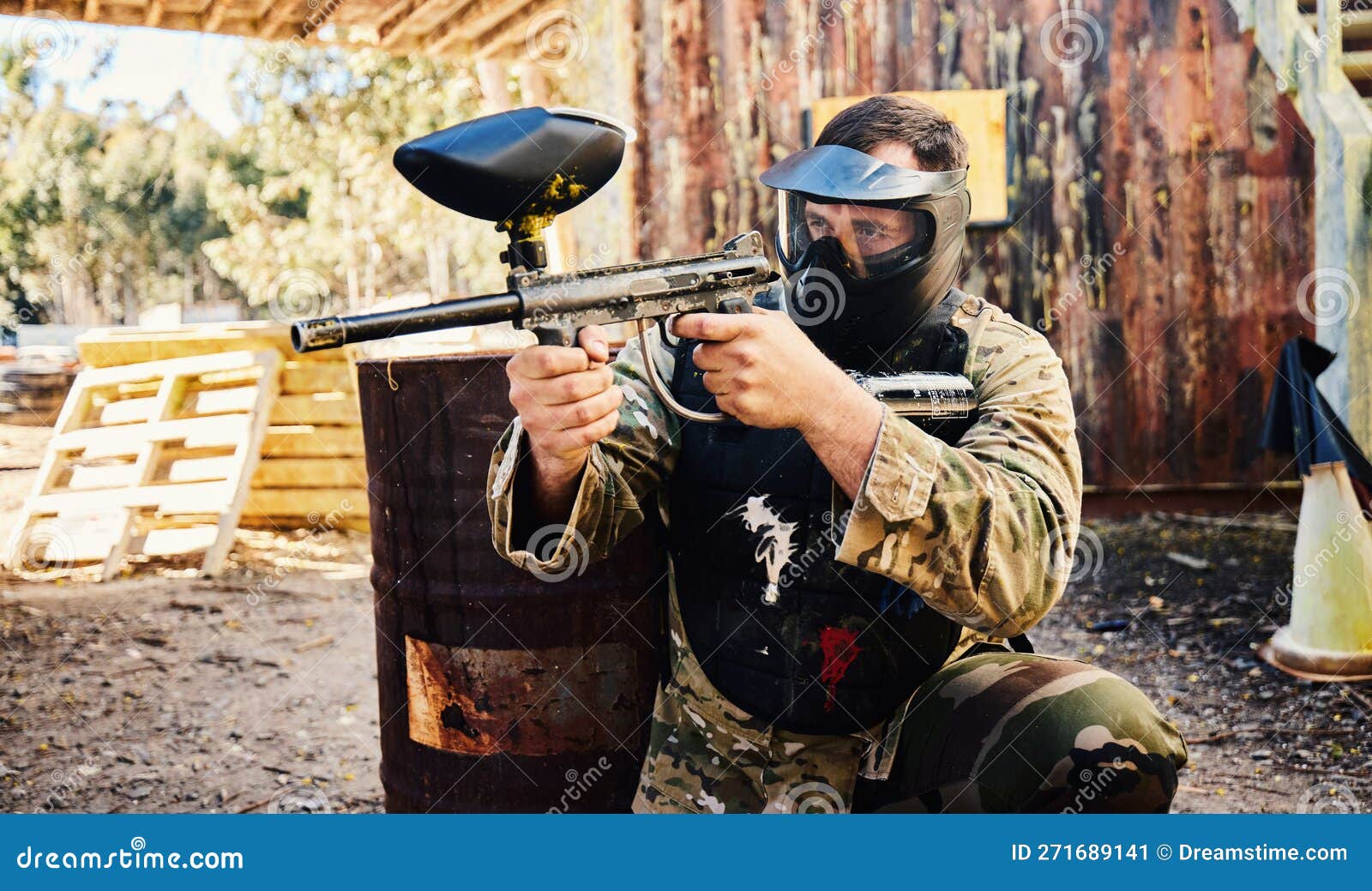Paintball, Target Training or Man with Gun in Shooting Game Playing with on Fun Battlefield Mission