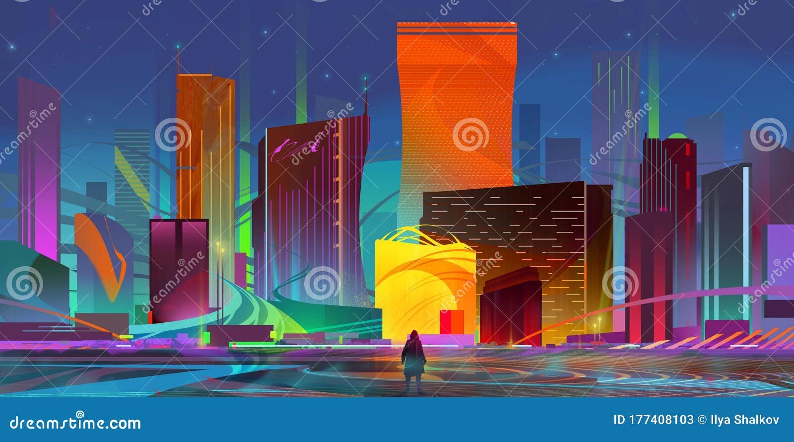 Painted Bright Fantastic City of the Future at Night Stock Illustration