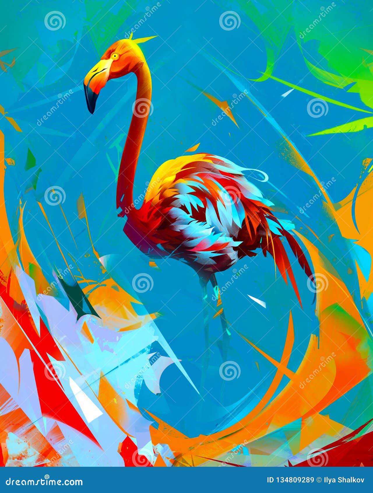 Painted Bright Flamingo Bird on Abstract Background Stock Illustration