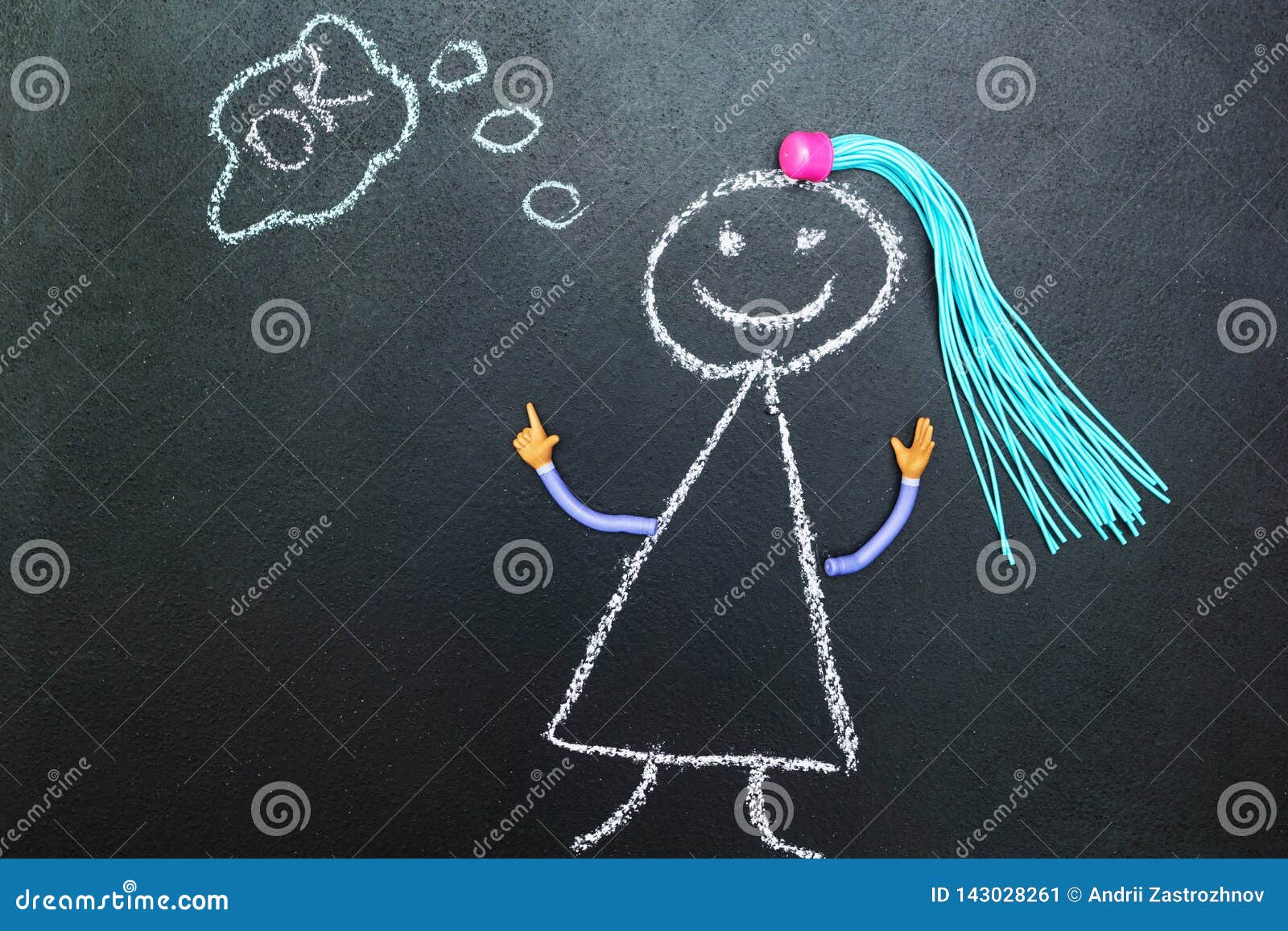 Painted with Chalk Girl with Pigtails Thinking on Blackboard Stock