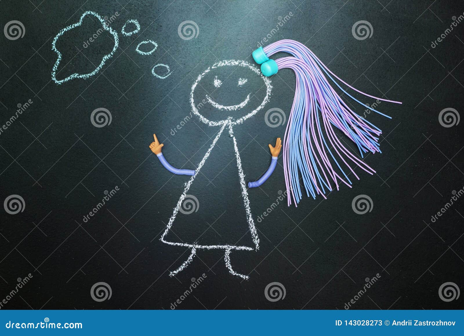 Painted with Chalk Girl with Pigtails Thinking on Blackboard Stock