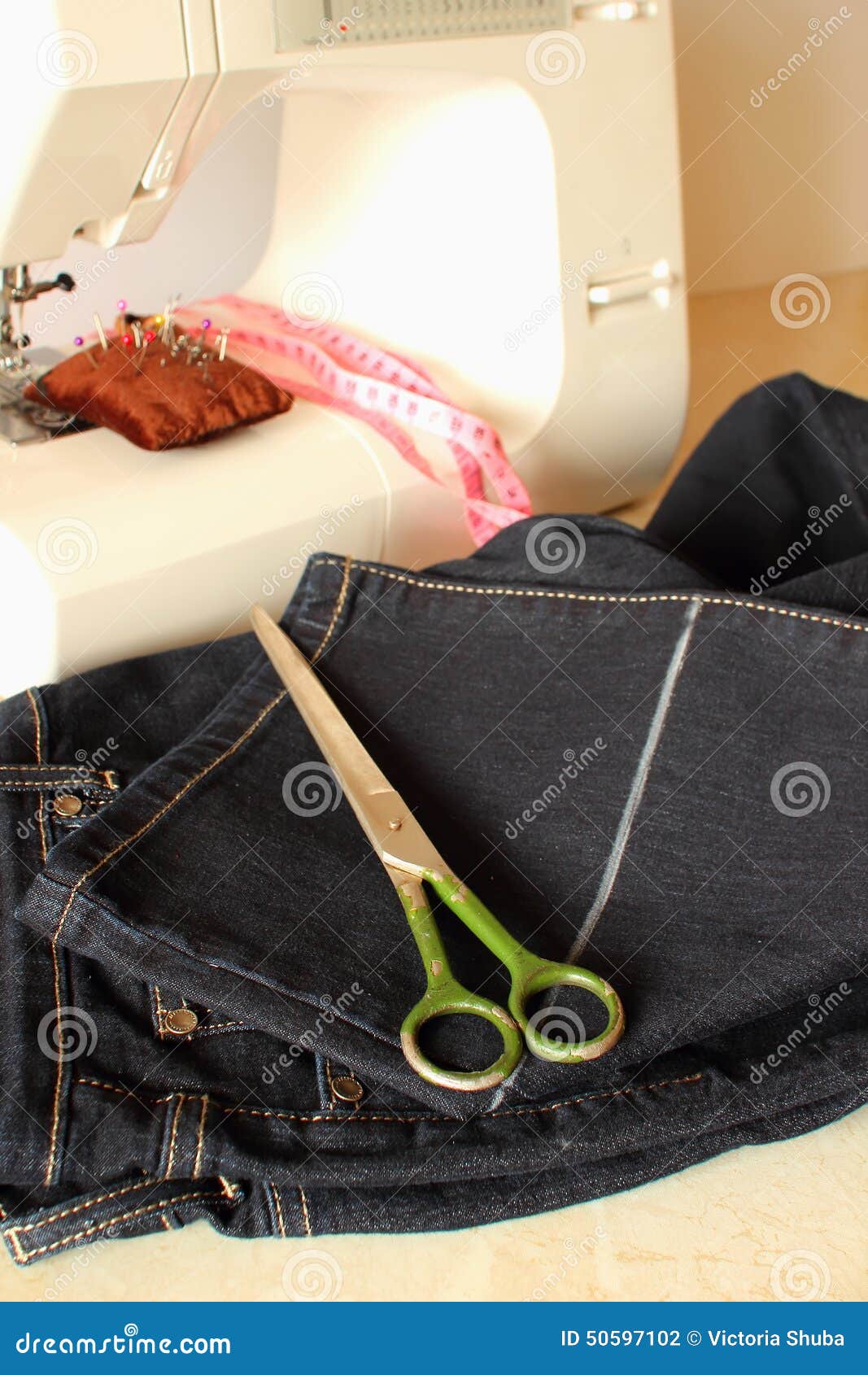 Painted with Chalk Line on the Jeans Stock Photo Image of machine