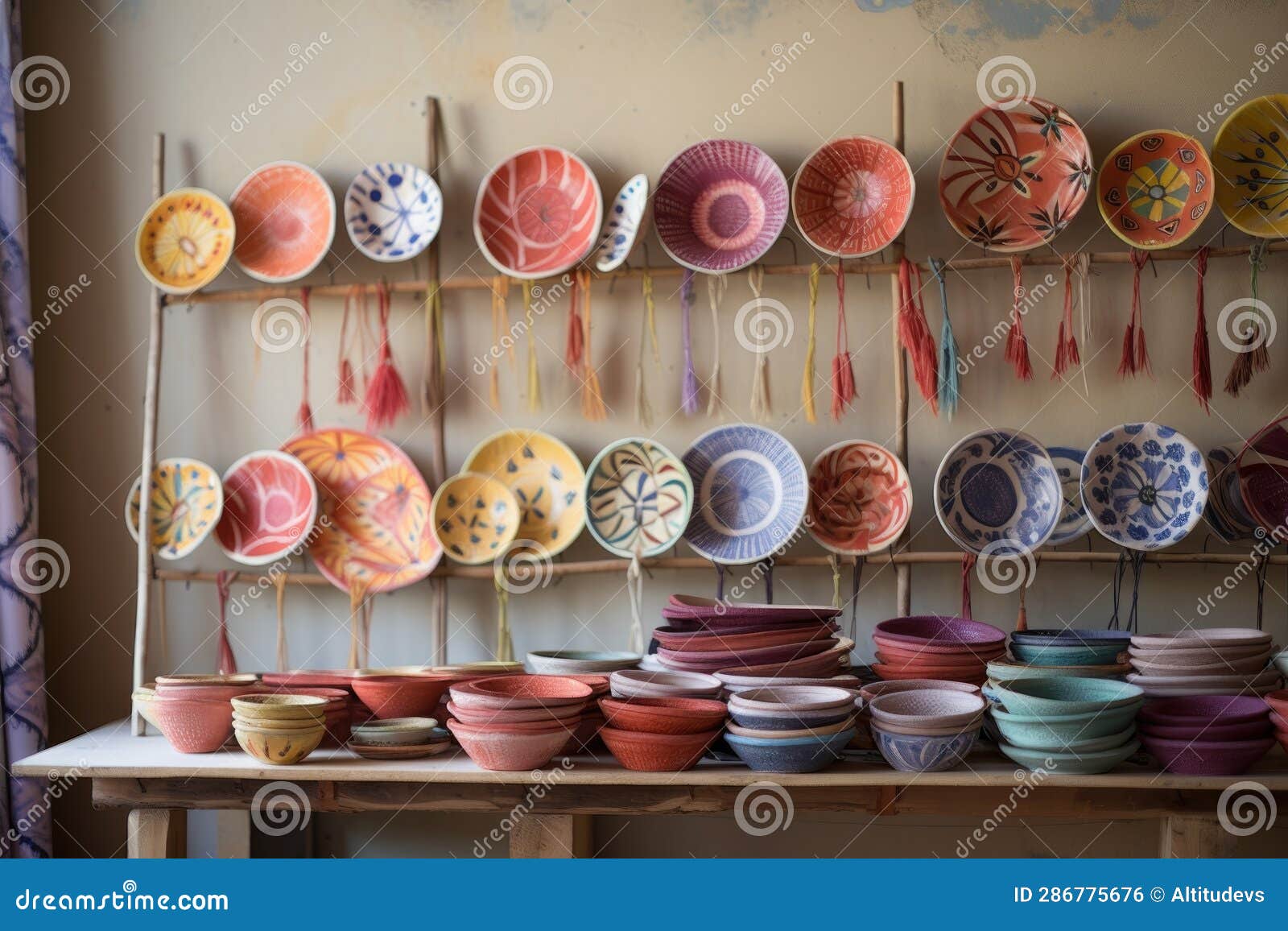 Painted Clay Plates and Bowls on a Drying Rack Stock Photo Image of
