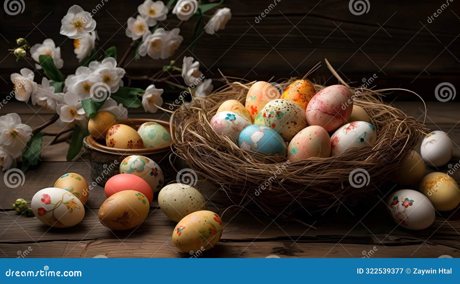 painted easter eggs in the birdÃ¢â¬â¢s nest. concept of happy easter day