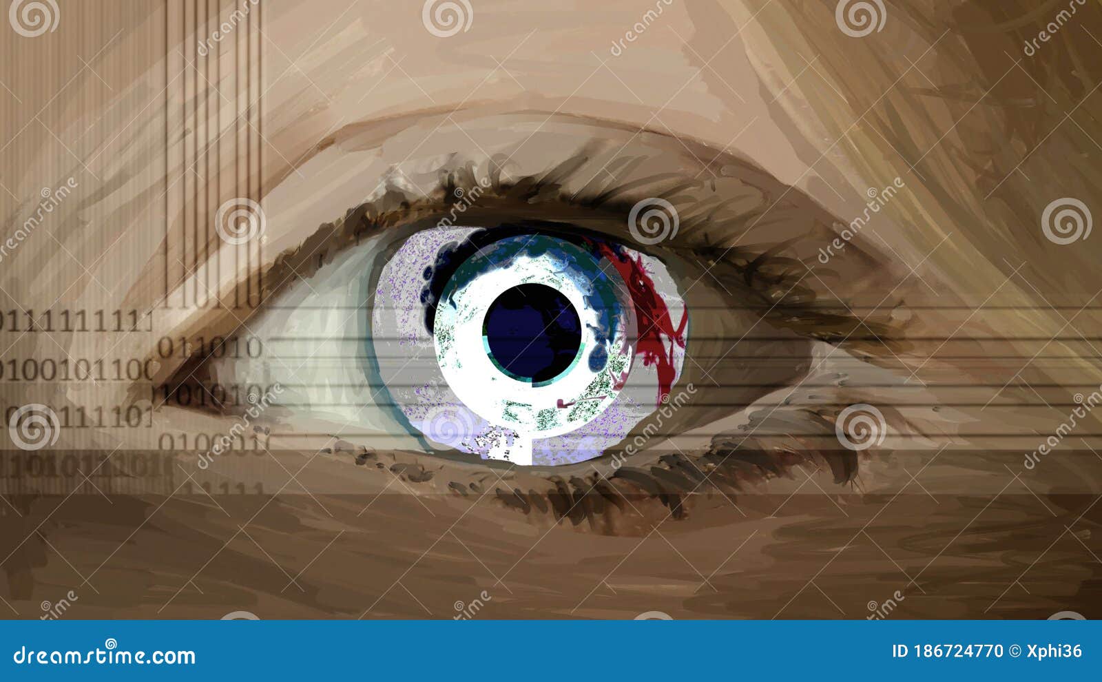 painted eye evoking biometry, facial and eye recognition, with computer code numbers integration