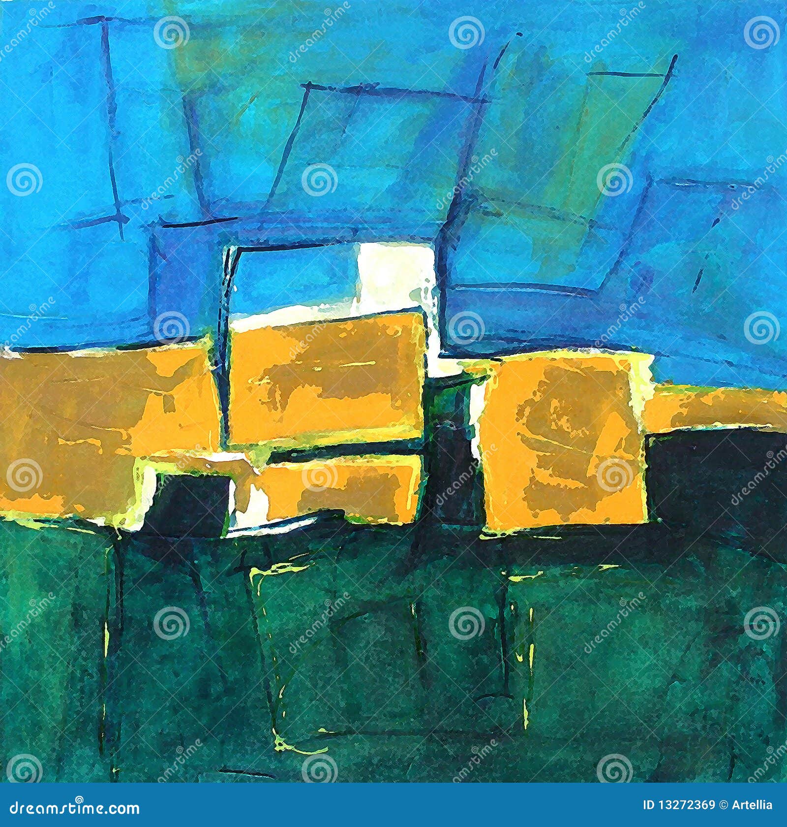 Painted Landscape / Abstract Country, Sky + Meadow Stock Illustration