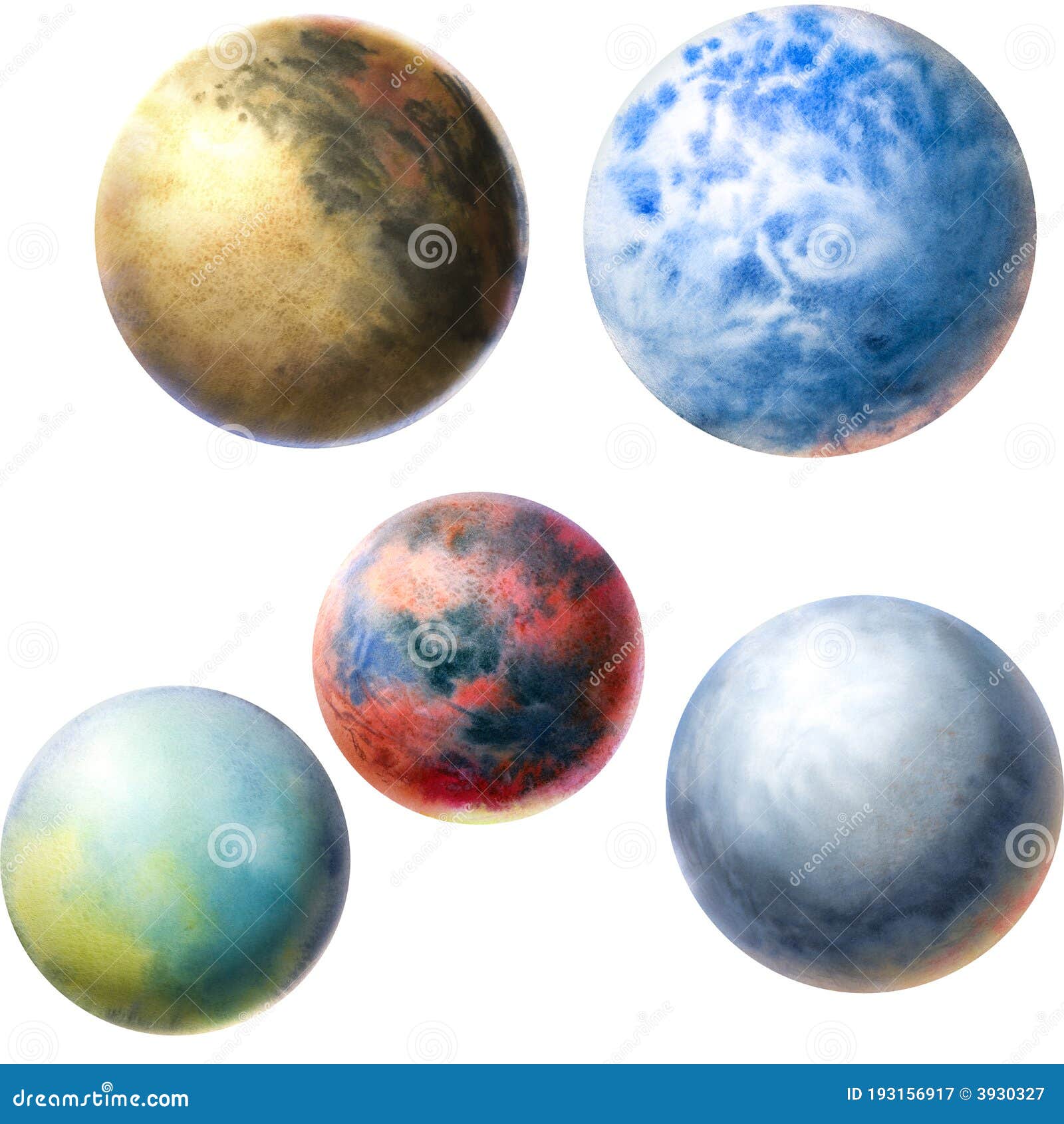 Painted Planets. Set of Watercolor Blue, Red and Brown Planets