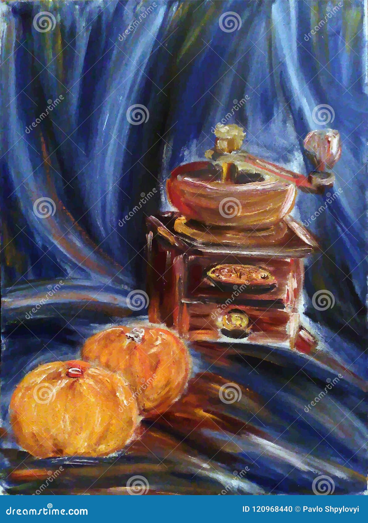 painted still life with coffee mill and oranges on blue textile