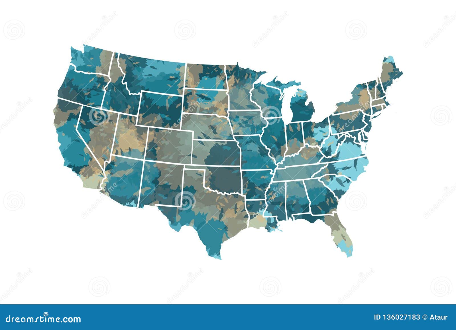 Painted Watercolor Usa Map Vector With Borders Of The