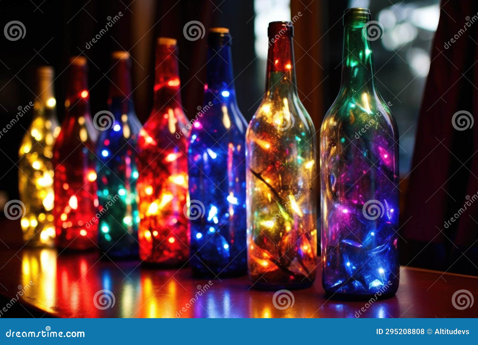 Painted Wine Bottles Filled with Fairy Lights Stock Photo Image of