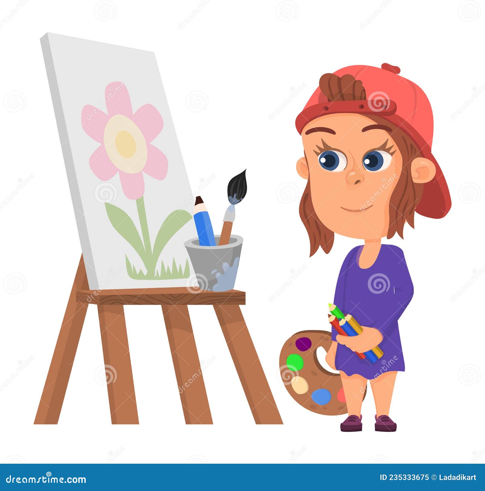 Painter Girl. Kid Drawing Flower on Canvas Wooden Easel Stock Vector ...