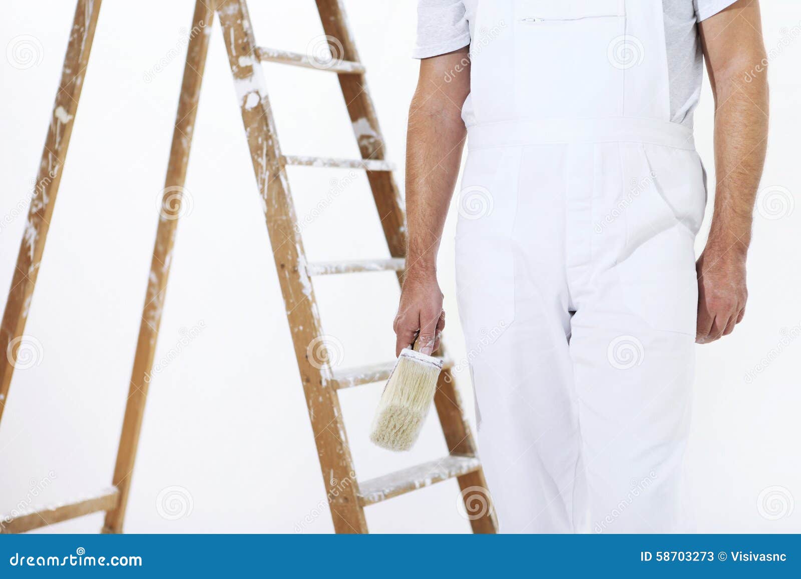 Painter Man at Work with a Paint Brush and Ladder Stock Image Image