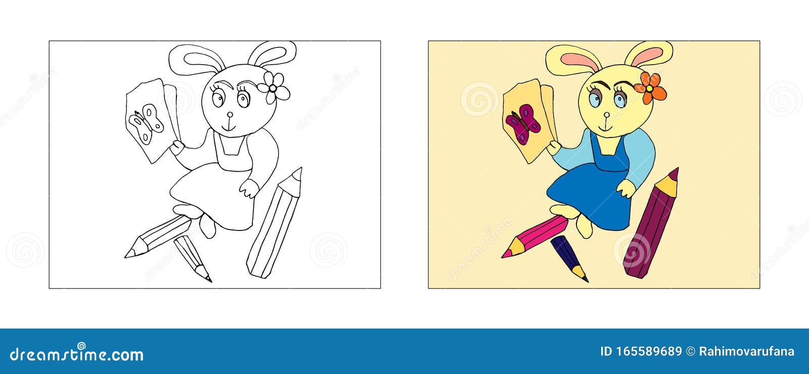 Painter Rabbit Coloring Book Design with Monochrome and Colored