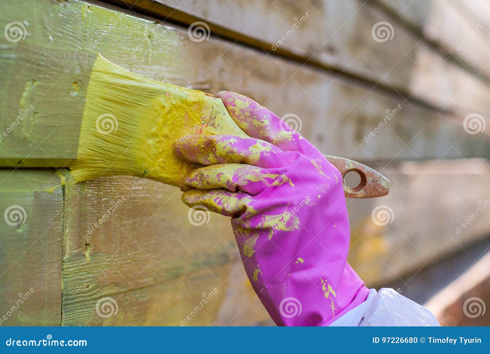 Painter`s Hand In Glove With Brush. Background, Work. Stock Photo