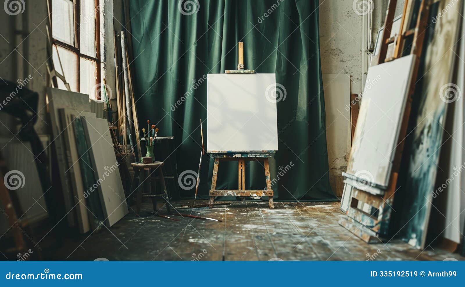 painter's studio with blank canvas and easel on table