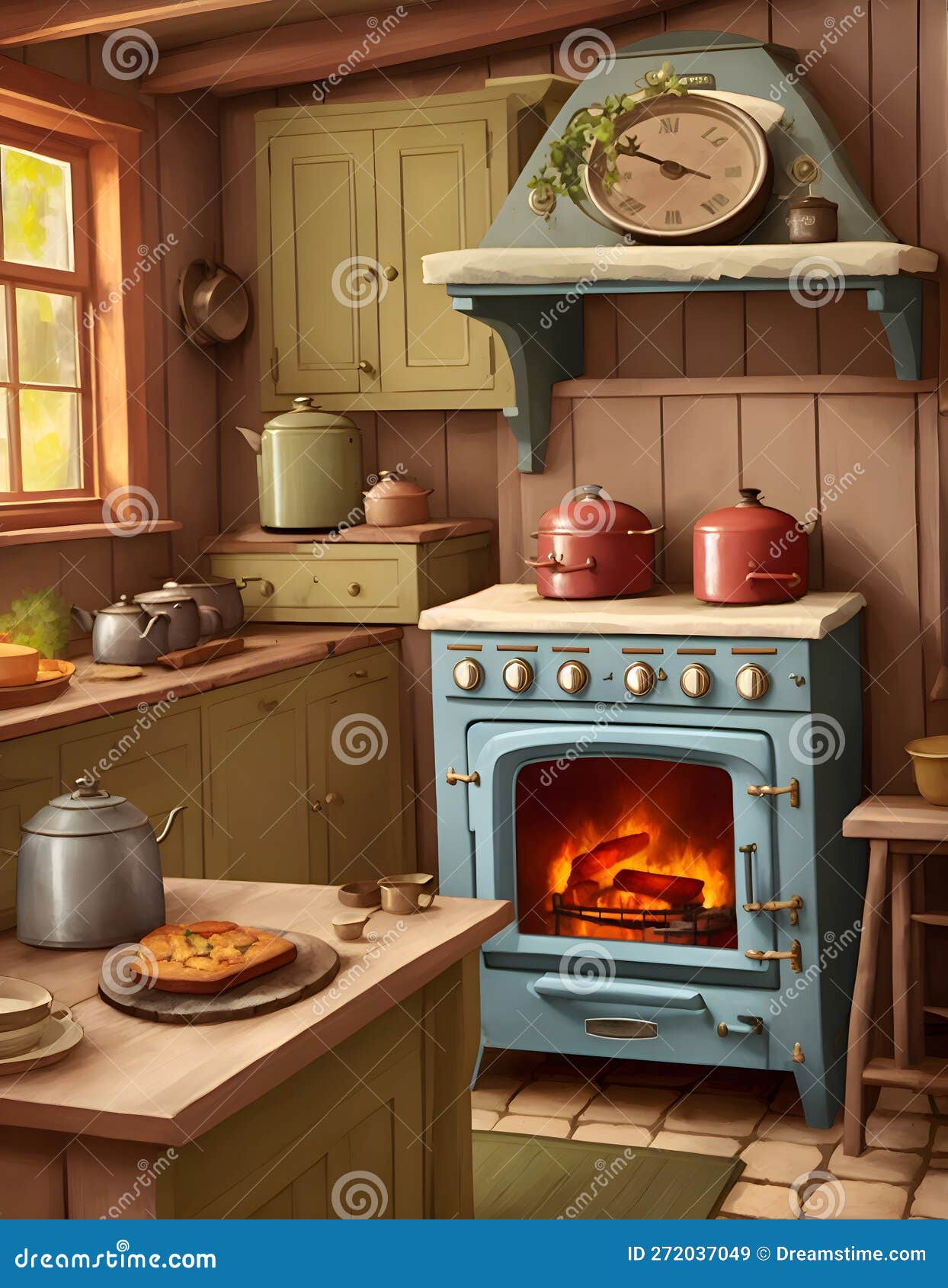 Painterly Image of a Dreamy Kitchen in a Cottage Showing an Old Oven or