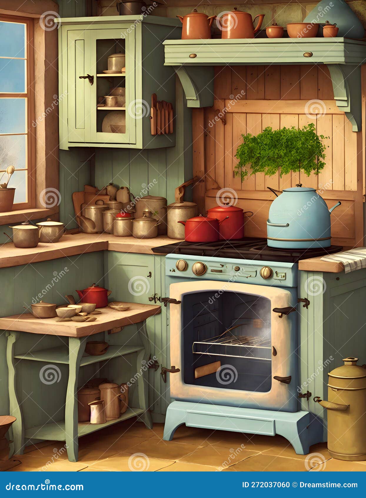 Painterly Image of a Dreamy Kitchen in a Cottage Showing an Old Oven or