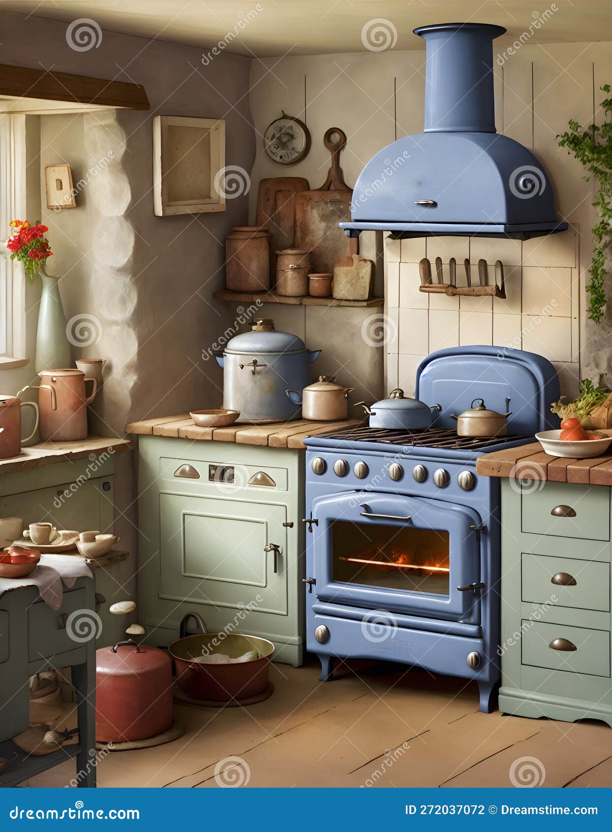 Painterly Image of a Dreamy Kitchen in a Cottage Showing an Old Oven or