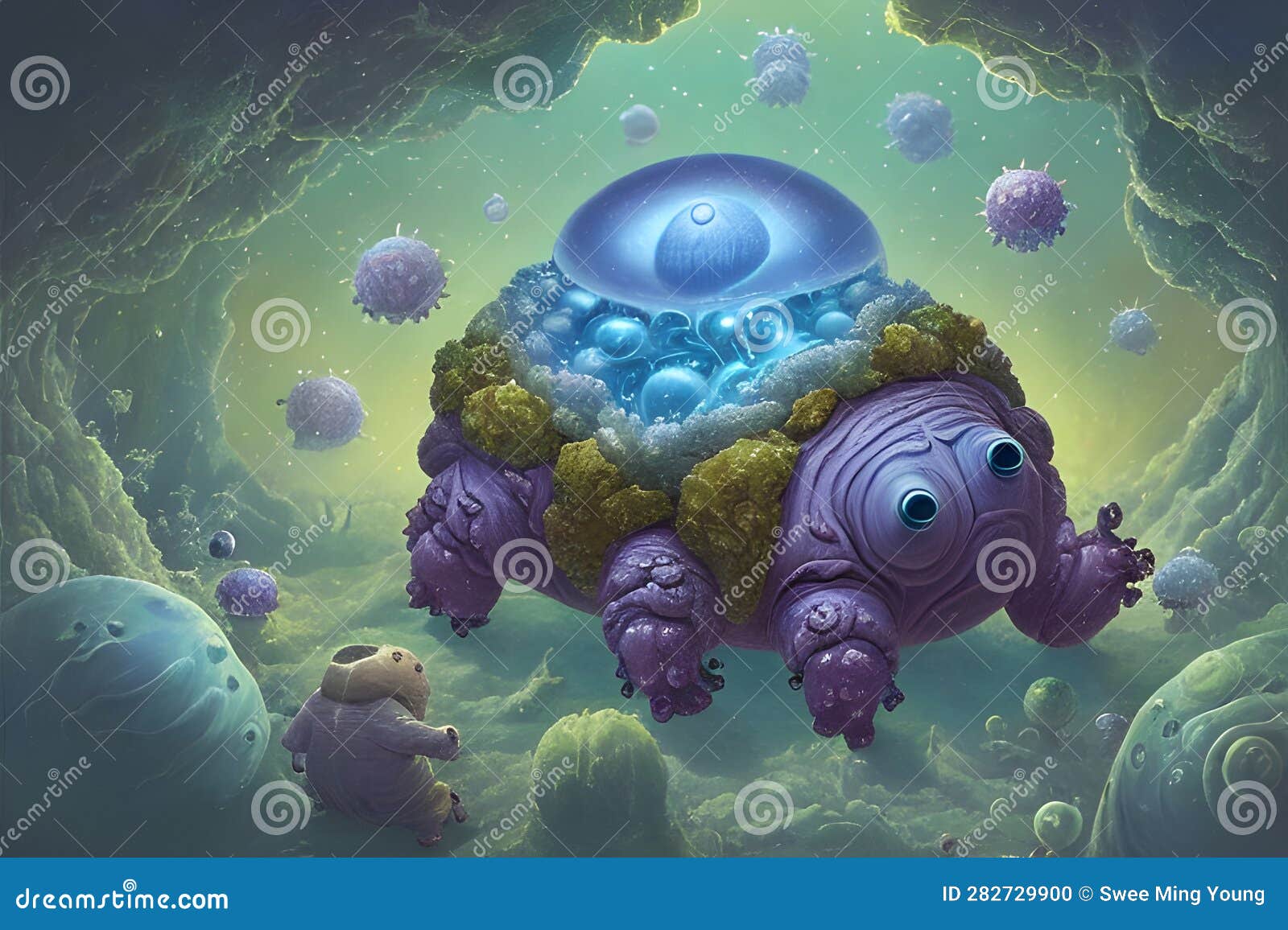 painterly image of the otherworldly landscape of a tardigrade and some bacteria.