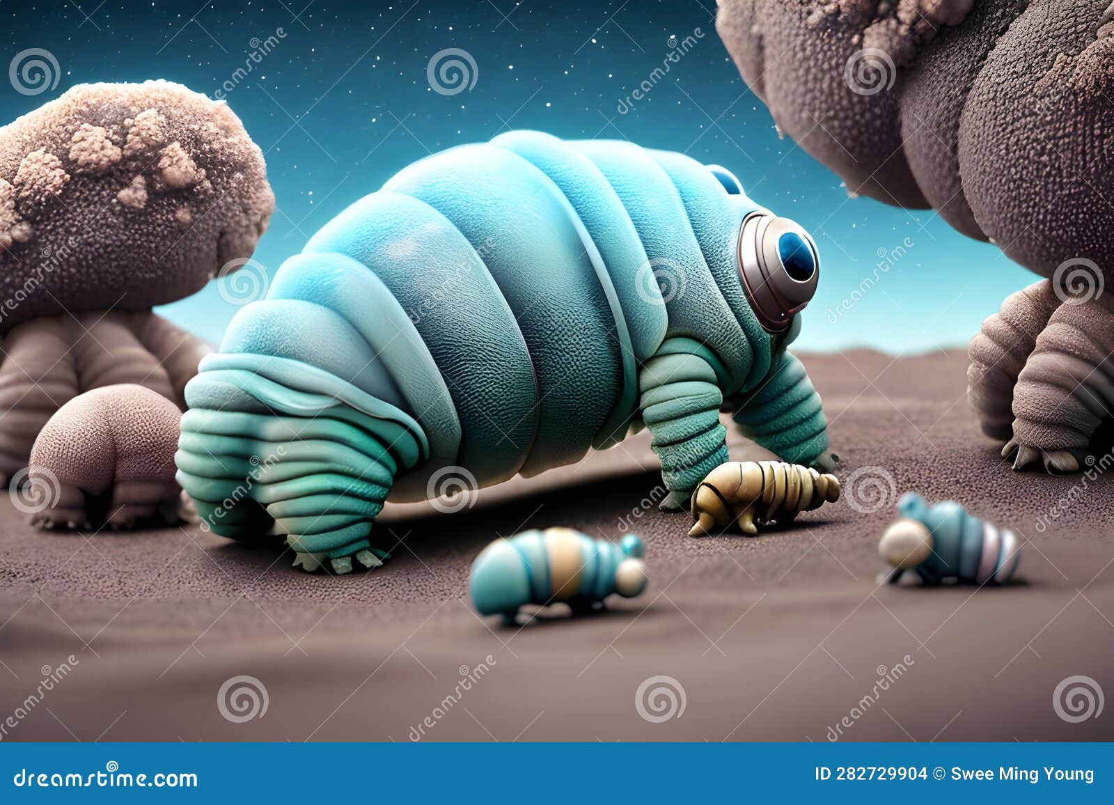 painterly image of the otherworldly landscape of a tardigrade and some bacteria.