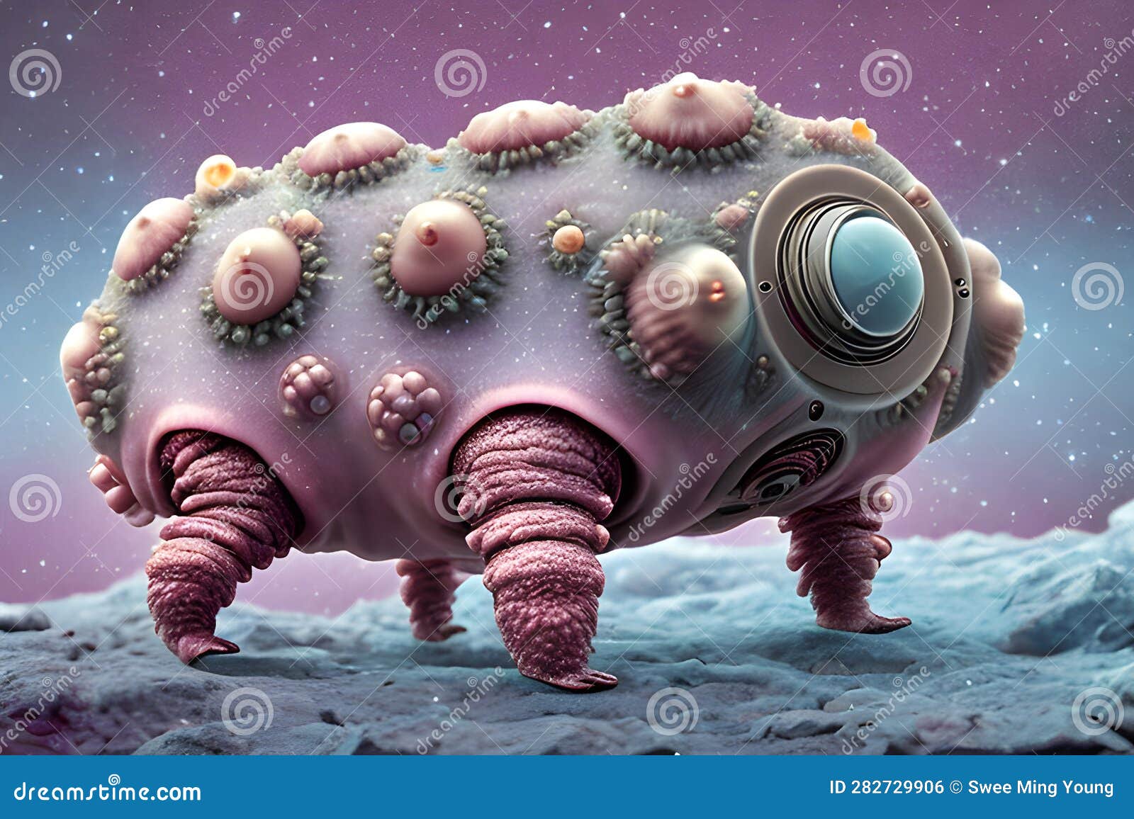painterly image of the otherworldly landscape of a tardigrade and some bacteria.
