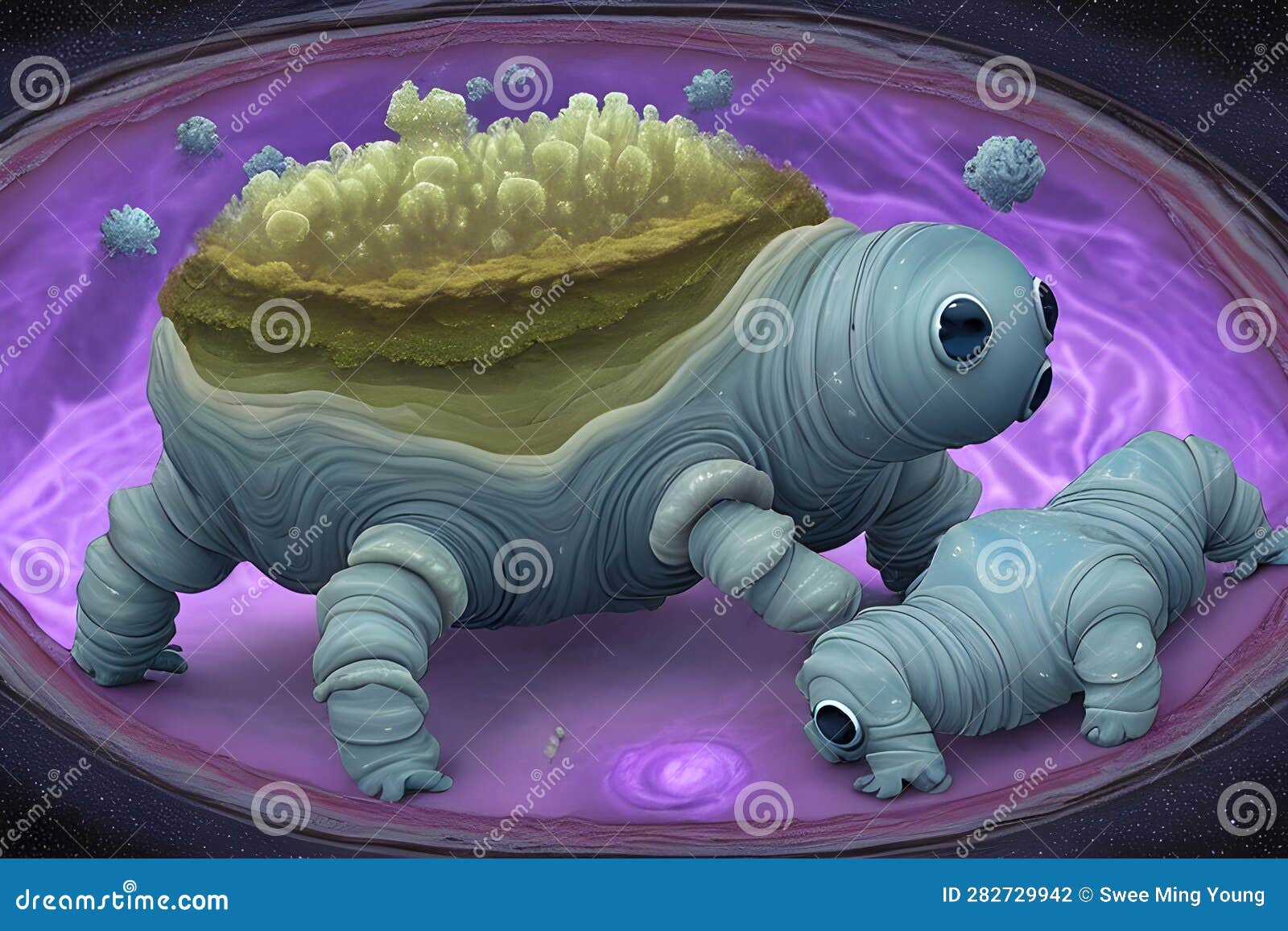 painterly image of the otherworldly landscape of a tardigrade and some bacteria.