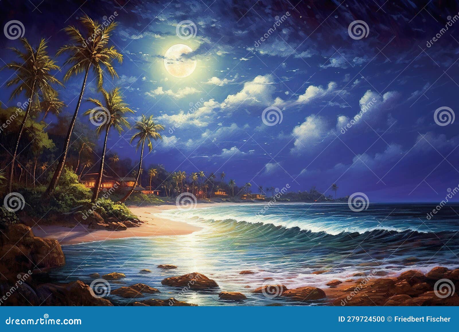 A Painting of a Beach at Night with a Full Moon. Generative AI Image
