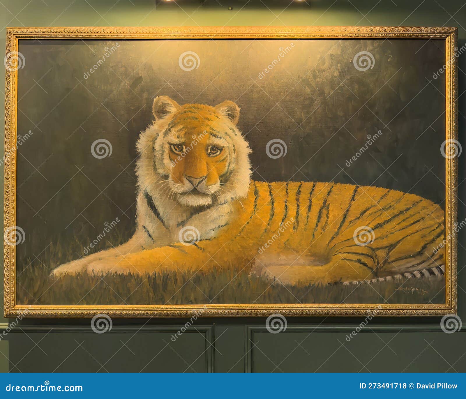 Painting of Bengal Tiger Resting in the Grass on Display at Jaipur